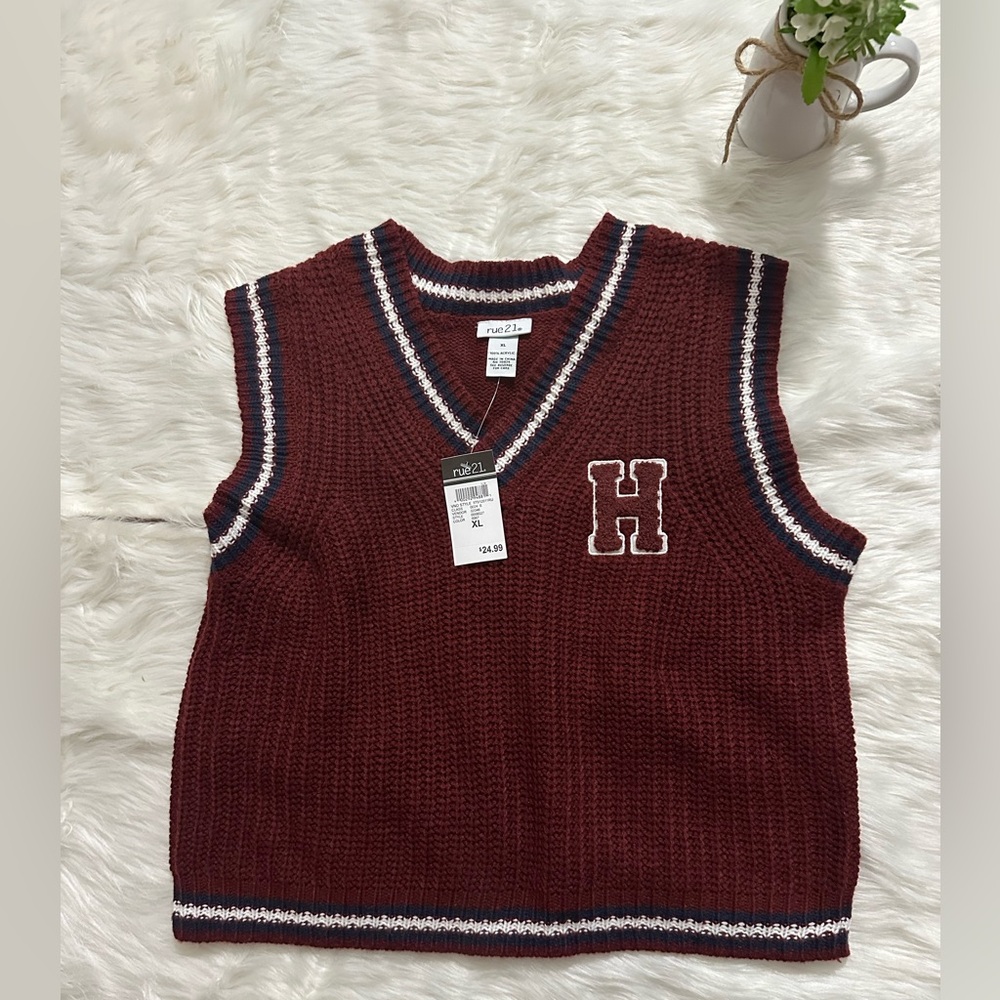 Rue21 Burgundy Knit Vest with White and Navy Accents
